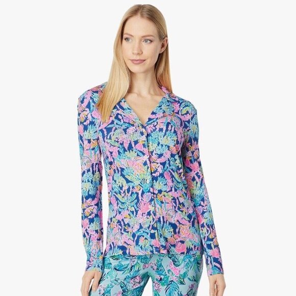 Lilly Pulitzer LS PJ Knit Button-up Top Oyster Bay Navy Seen and Herd XS #9195 - Picture 1 of 9
